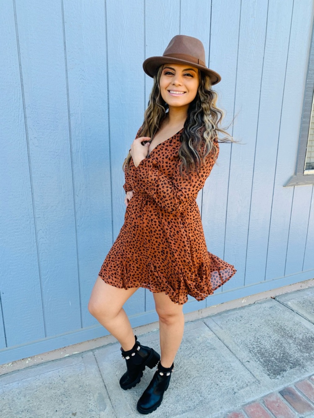 Trixxi Rust Leopard Print V-Neck Ruffle Hem Mini Dress